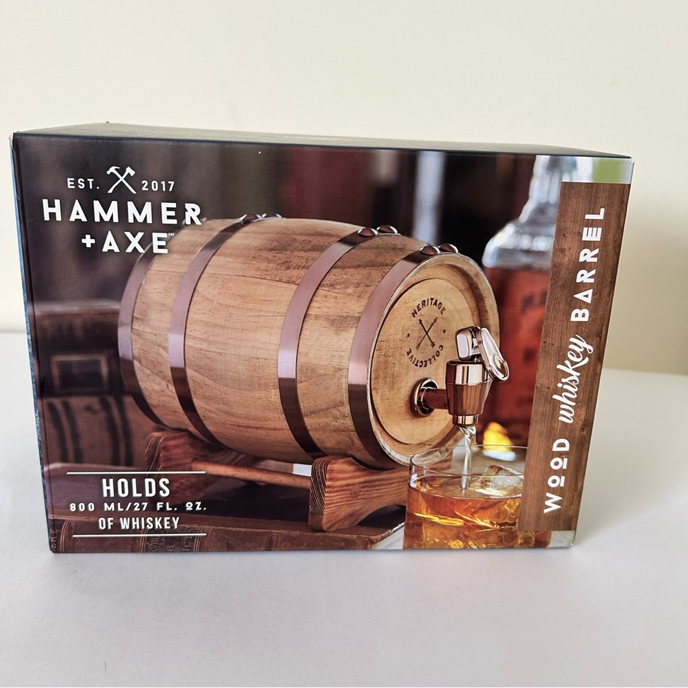 Hammer + Axe Mini Wood Whiskey Barrel Dispenser 800ml NIB
